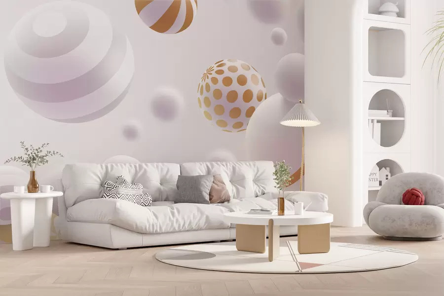 zidne murale Volumetrijske 3D leteće kugle u svijetlo sivim tonovima s narančastim detaljima w01148