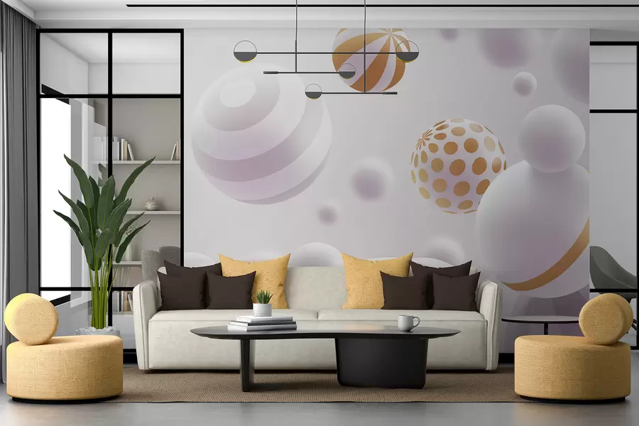zidne murale Volumetrijske 3D leteće kugle u svijetlo sivim tonovima s narančastim detaljima w01148