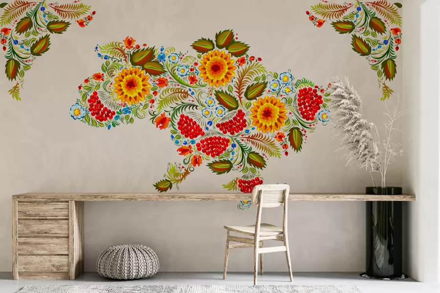 zidne murale Karta Ukrajine u stilu petrikovskog slikarstva na svijetlo bež pozadini w01149