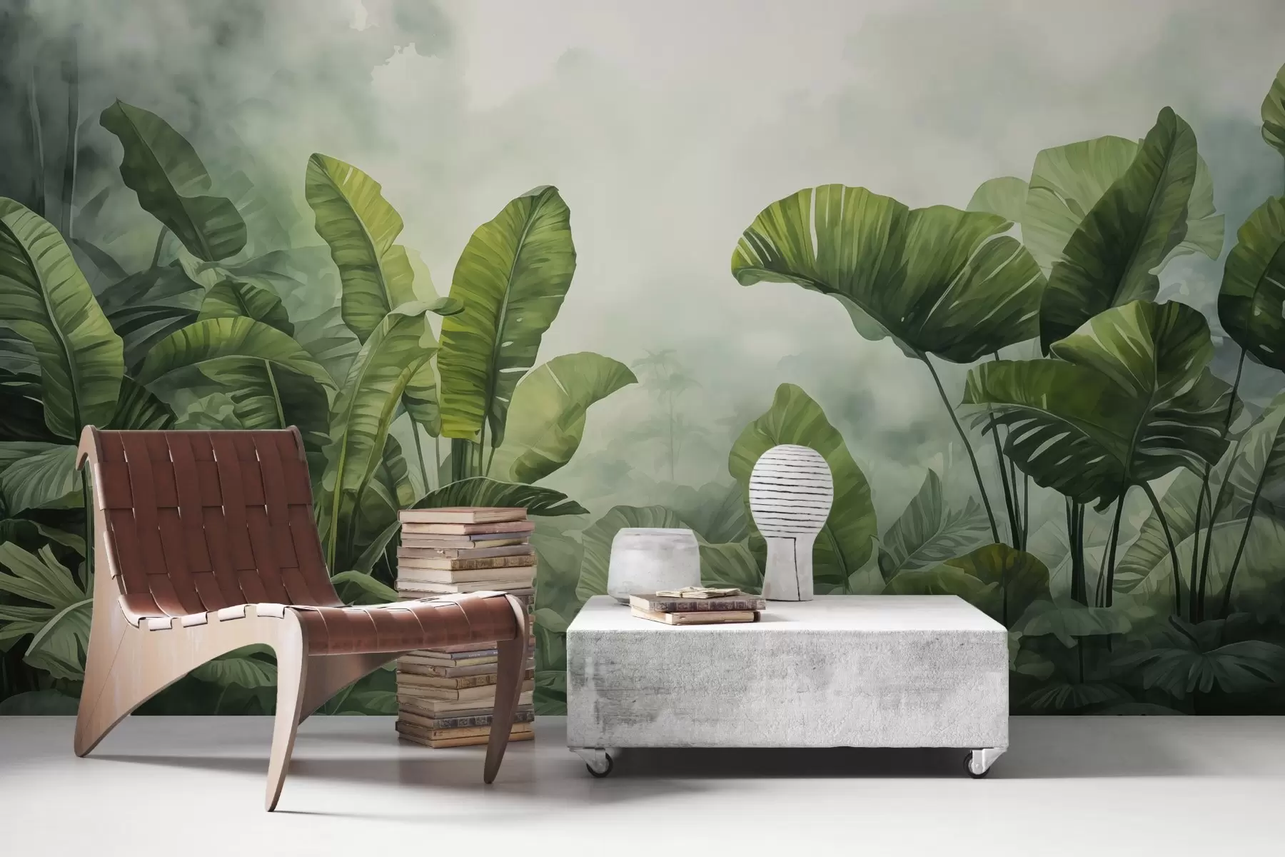 zidne murale Tropsko lišće u džungli na pozadini magle mokrog akvarela w01868