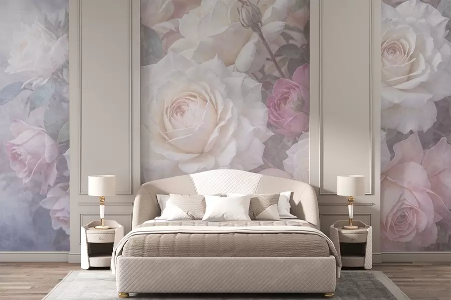 zidne murale Nježne, pastelne boje ruža i božuri na zamućenoj, maglovito sivoj teksturiranoj pozadini w08352