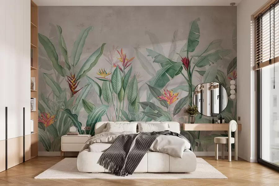 zidne murale Tropsko lišće i cvijeće na svijetloj pozadini w01834v1