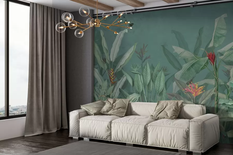 zidne murale Tropsko lišće i cvijeće na zelenoj pozadini w01834v2