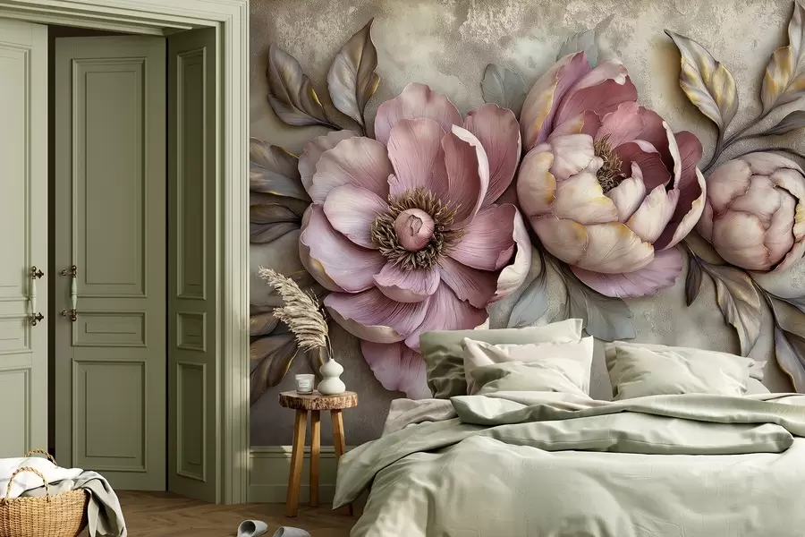 zidne murale Cvjetni ljubičasti božuri s lišćem i laticama u prigušenim pastelnim bojama, vintage stila w01825
