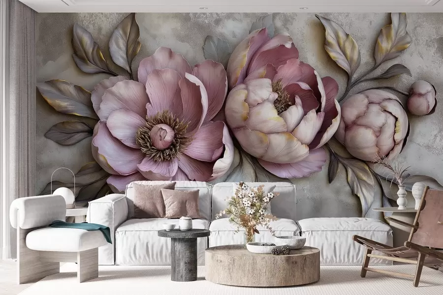 zidne murale Cvjetni ljubičasti božuri s lišćem i laticama u prigušenim pastelnim bojama, vintage stila w01825