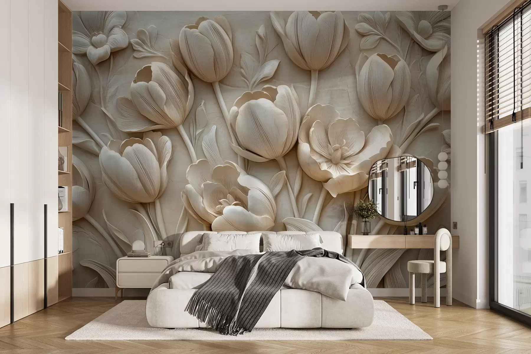 zidne murale 3D cvjetna umjetnost s gracioznim tulipanima u bež boji w01851