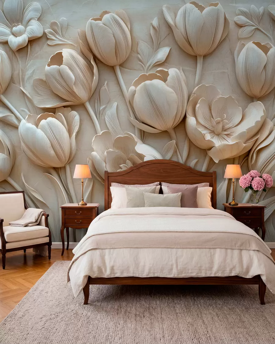 zidne murale 3D cvjetna umjetnost s gracioznim tulipanima u bež boji w01851