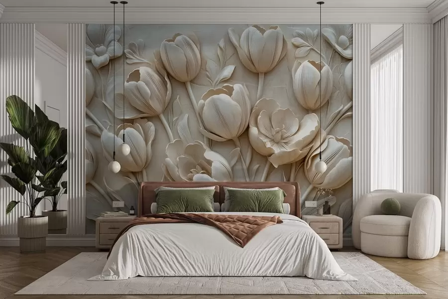 zidne murale 3D cvjetna umjetnost s gracioznim tulipanima u bež boji w01851