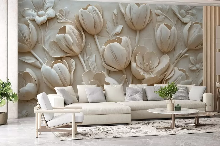 zidne murale 3D cvjetna umjetnost s gracioznim tulipanima u bež boji w01851