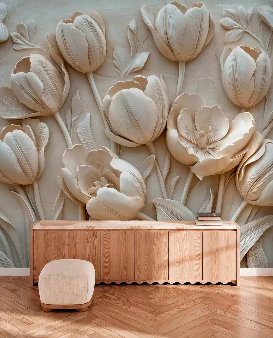 zidne murale 3D cvjetna umjetnost s gracioznim tulipanima u bež boji w01851