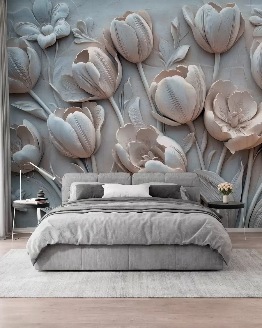 zidne murale 3D cvjetna umjetnost s gracioznim tulipanima u sivoj boji w01851v1