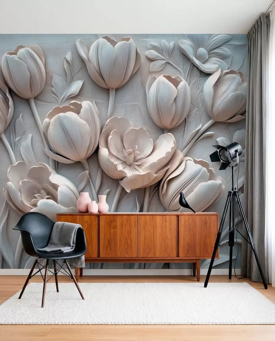 zidne murale 3D cvjetna umjetnost s gracioznim tulipanima u sivoj boji w01851v1