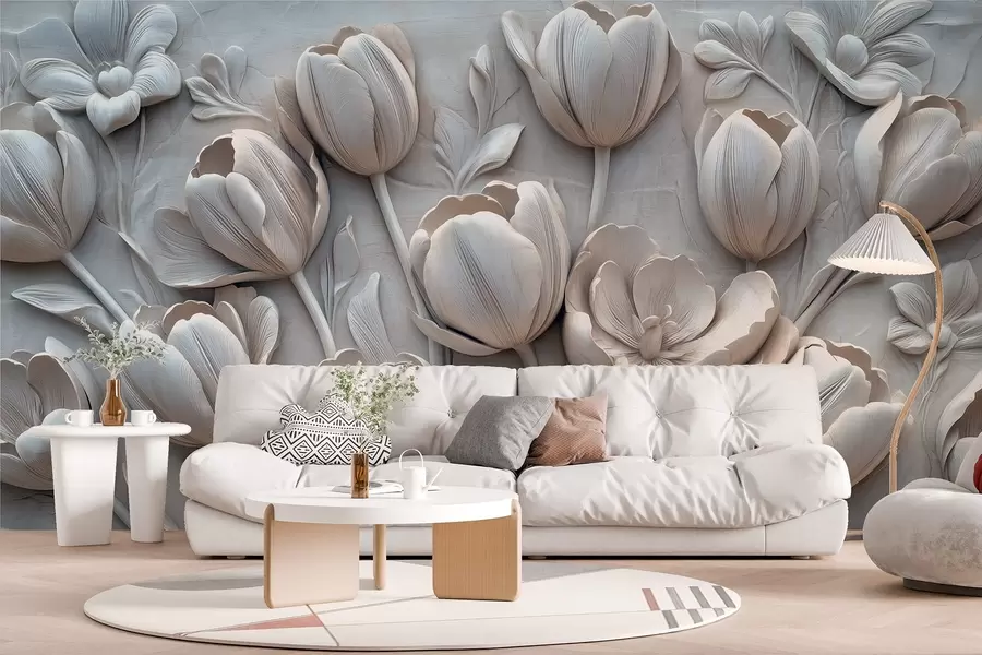 zidne murale 3D cvjetna umjetnost s gracioznim tulipanima u sivoj boji w01851v1