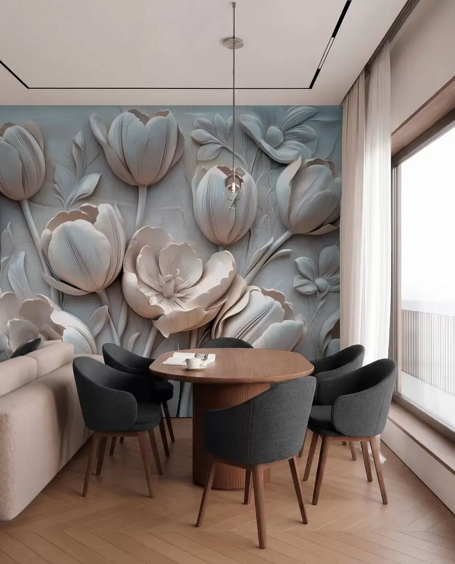zidne murale 3D cvjetna umjetnost s gracioznim tulipanima u sivoj boji w01851v1