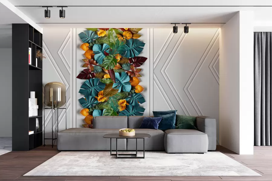 zidne murale 3D pozadina sa šarenim tropskim lišćem i geometrijom na sivoj pozadini w01876