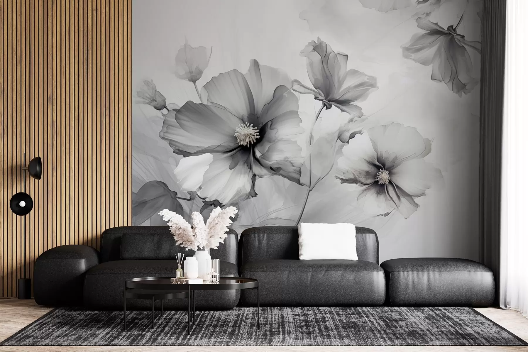 zidne murale Prozračni prozirni sivi cvjetovi koji se rastapaju na jutarnjem svjetlu w01938