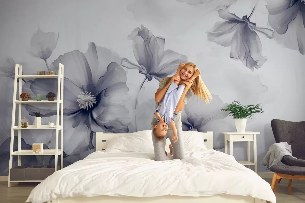 zidne murale Prozračni prozirni plavi cvjetovi koji se rastapaju na jutarnjem svjetlu w01938v2