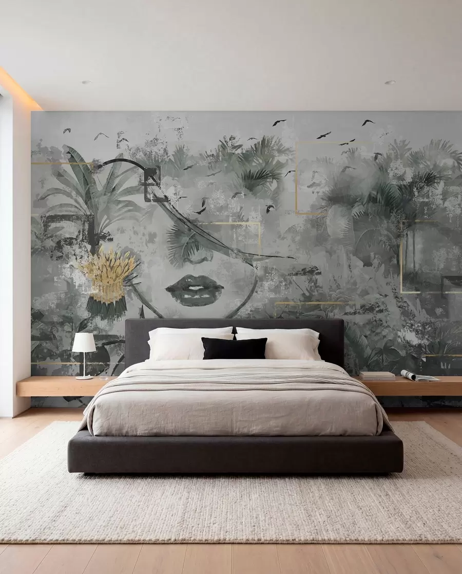 zidne murale Grunge kišna šuma i silueta djevojačkog lica w01916