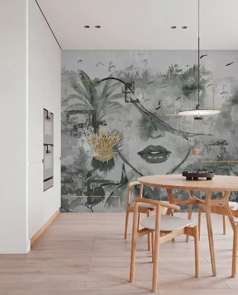 zidne murale Grunge kišna šuma i silueta djevojačkog lica w01916