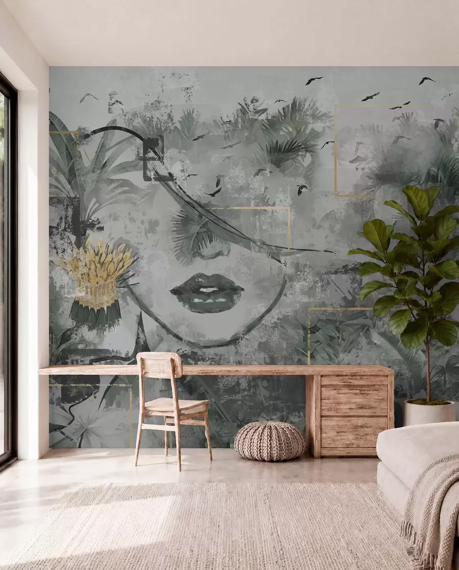zidne murale Grunge kišna šuma i silueta djevojačkog lica w01916