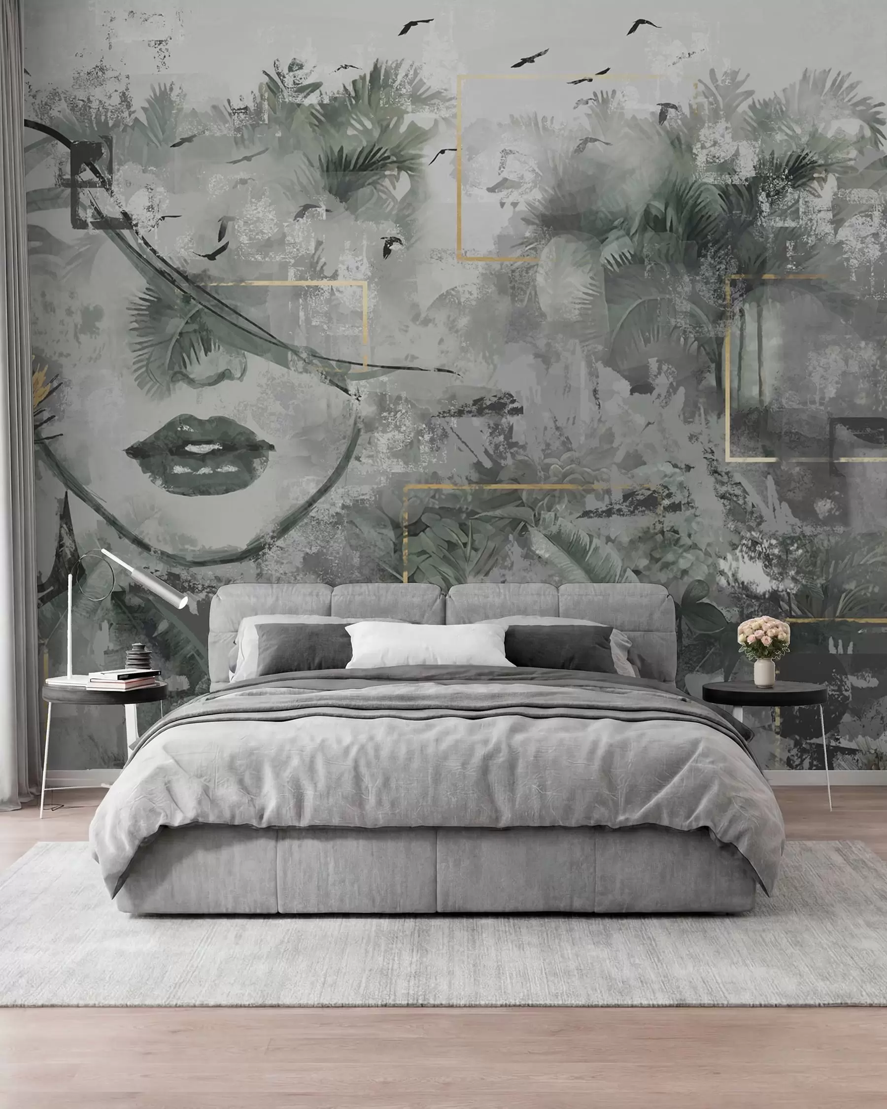 zidne murale Grunge prašuma i silueta djevojčinog lica w01916d1