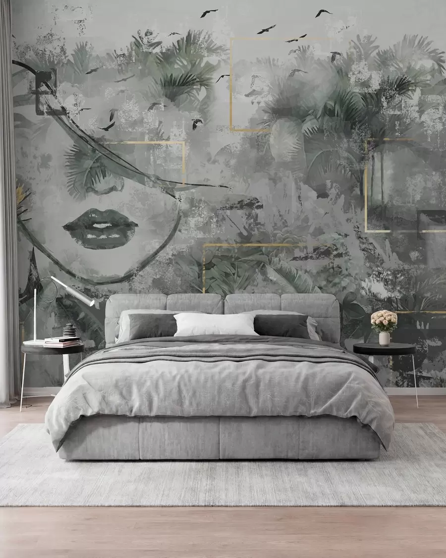 zidne murale Grunge prašuma i silueta djevojčinog lica w01916d1