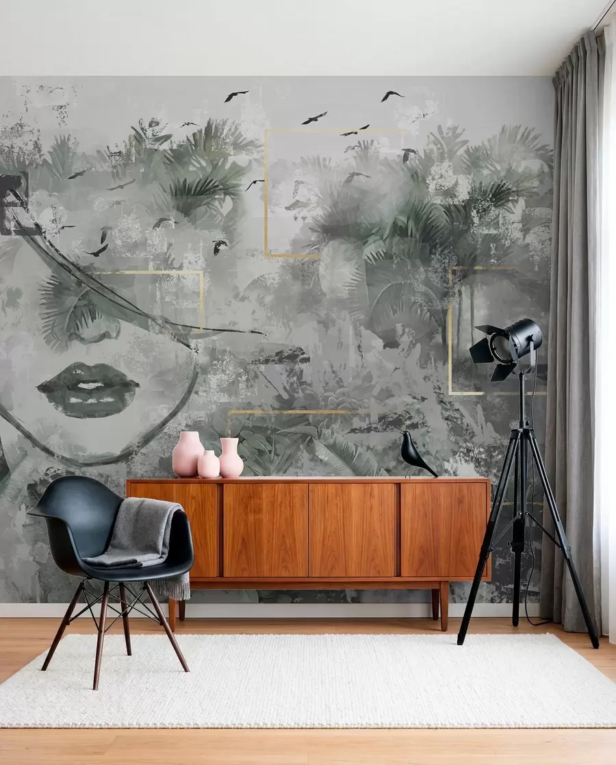 zidne murale Grunge prašuma i silueta djevojčinog lica w01916d1