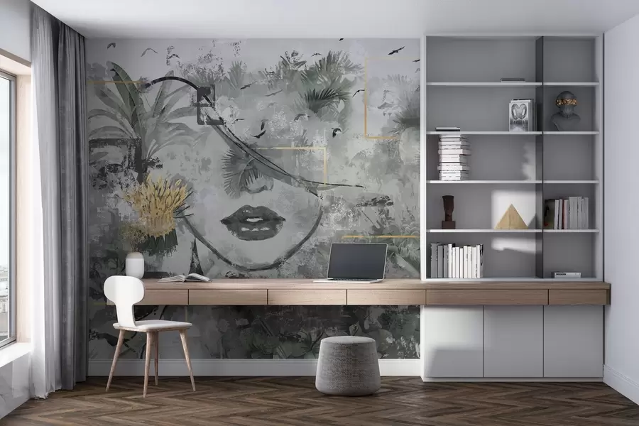 zidne murale Grunge prašuma i silueta djevojčinog lica w01916d1