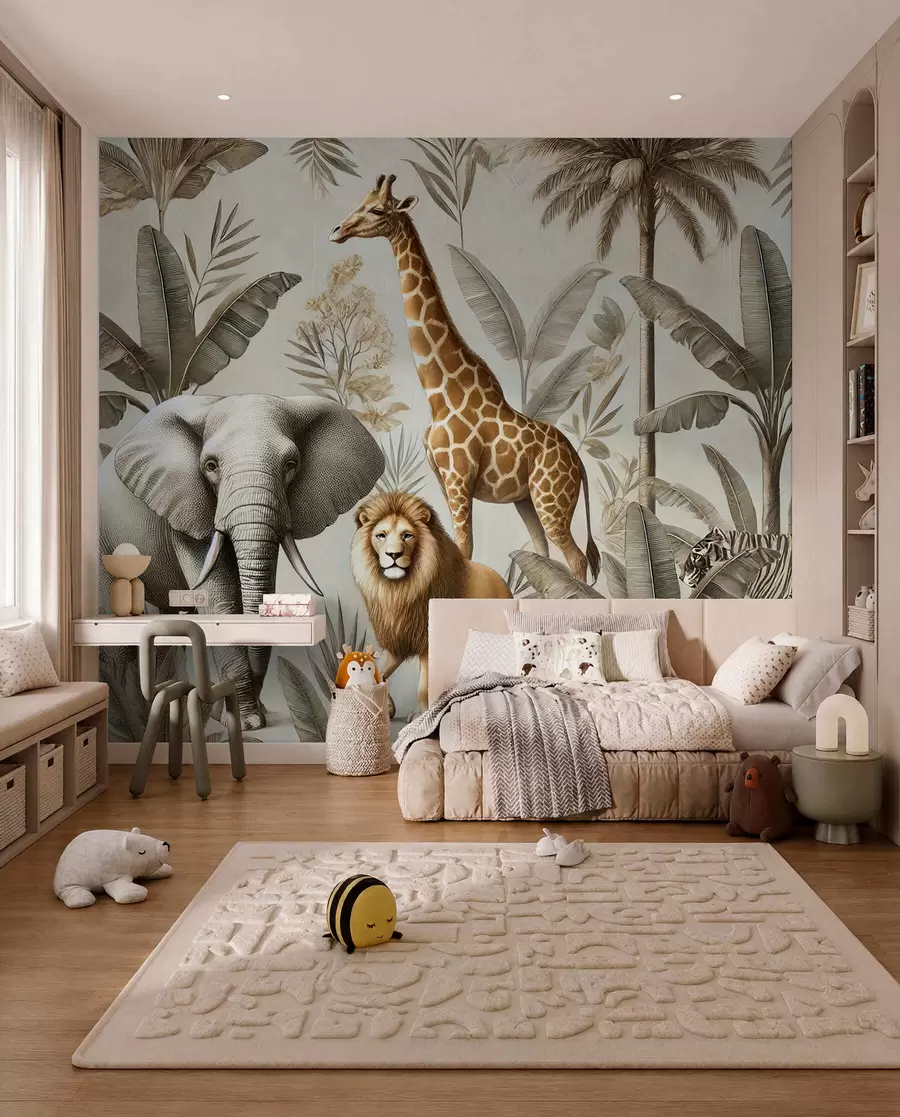 zidne murale Safari dječja tapeta s tropskim krajolikom i raznim životinjama u elegantnim bojama w01956