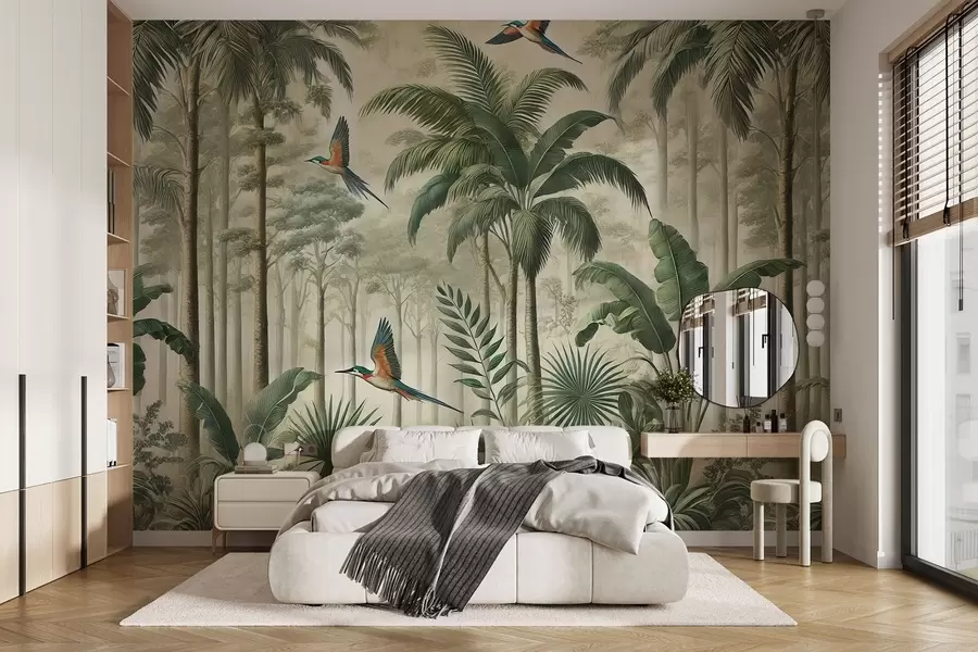 zidne murale Panorama s tropskim krajolikom i pticama w01957