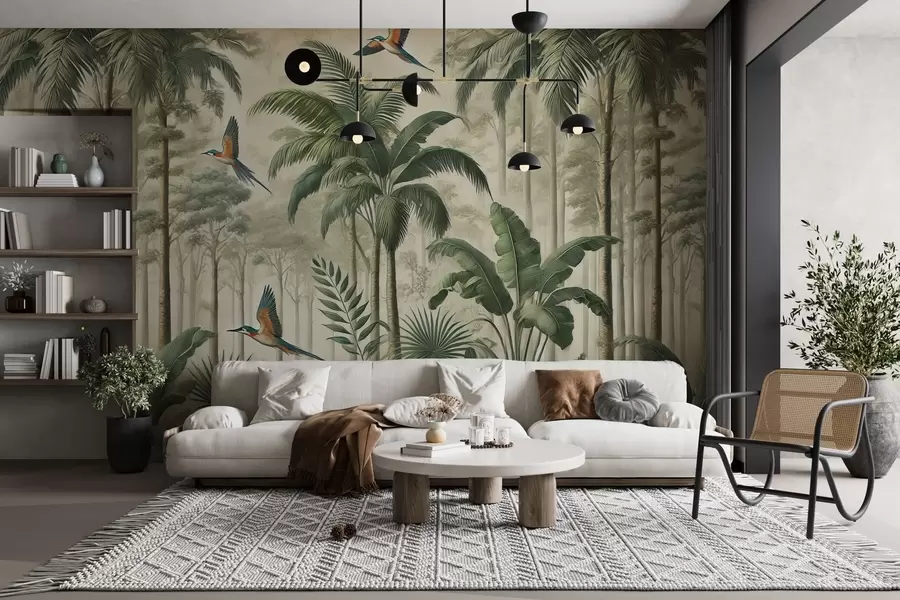zidne murale Panorama s tropskim krajolikom i pticama w01957
