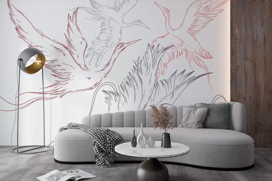 zidne murale Ptice lete, minimalizam, crteži, priroda, sive i crvene boje w02061v1