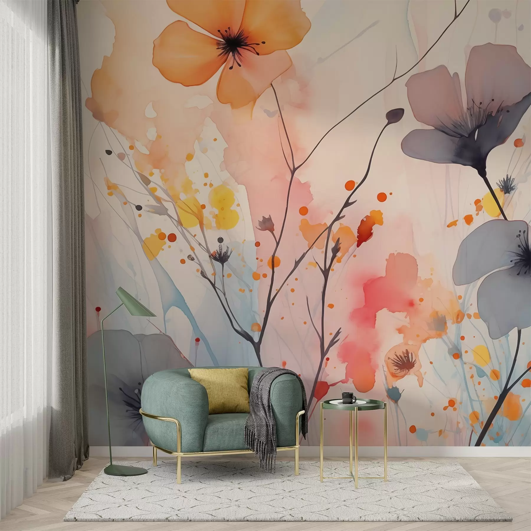 zidne murale Apstraktno svijetlo cvijeće i grane s mrljama boje mokrim akvarelom w02049