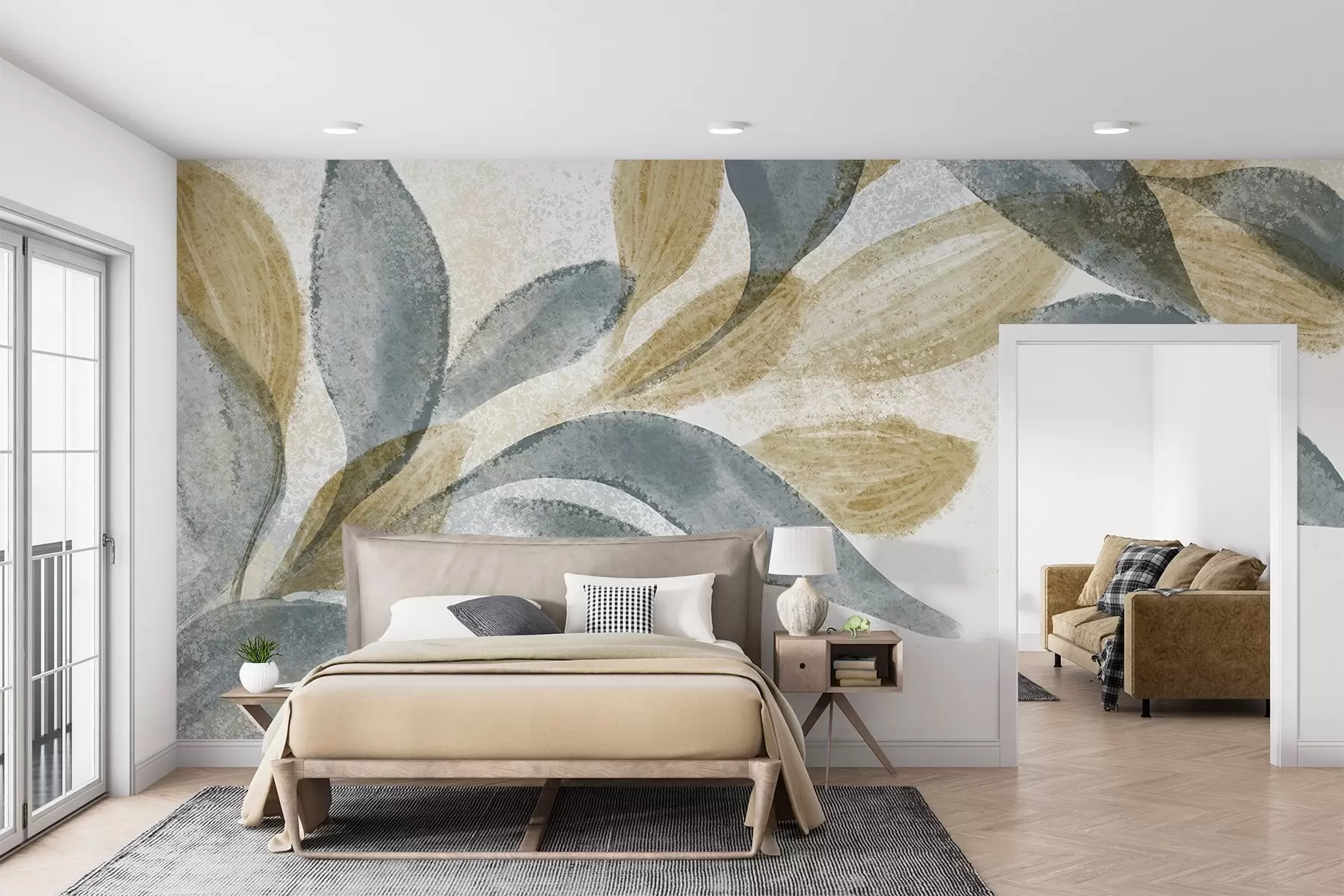 zidne murale Pastelno teksturirano bež i plavo lišće s mekim rubovima i mrljama na svijetloj pozadini w08374