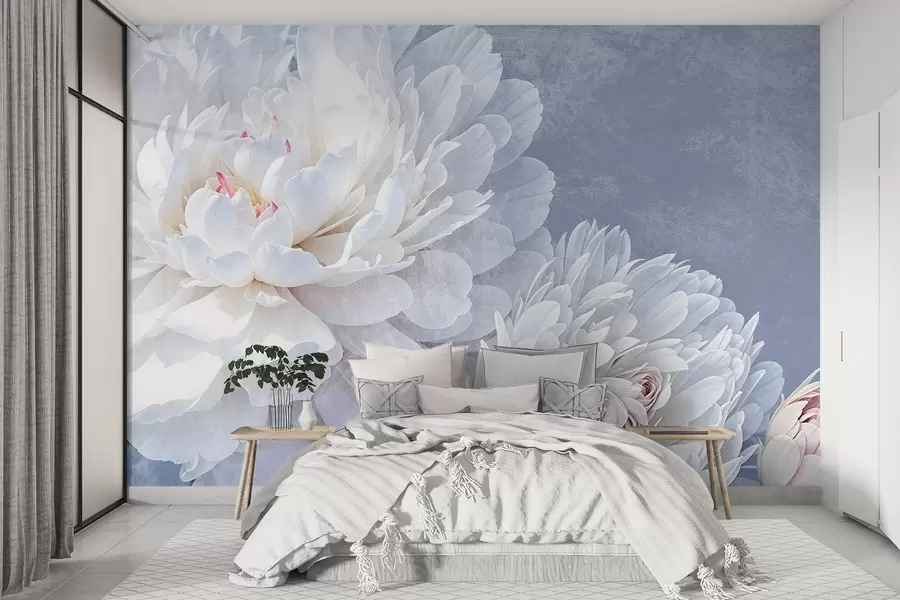 zidne murale Bijeli detalji božura s mekim, delikatnim laticama na svijetloj pastelno plavoj teksturiranoj pozadini w08379