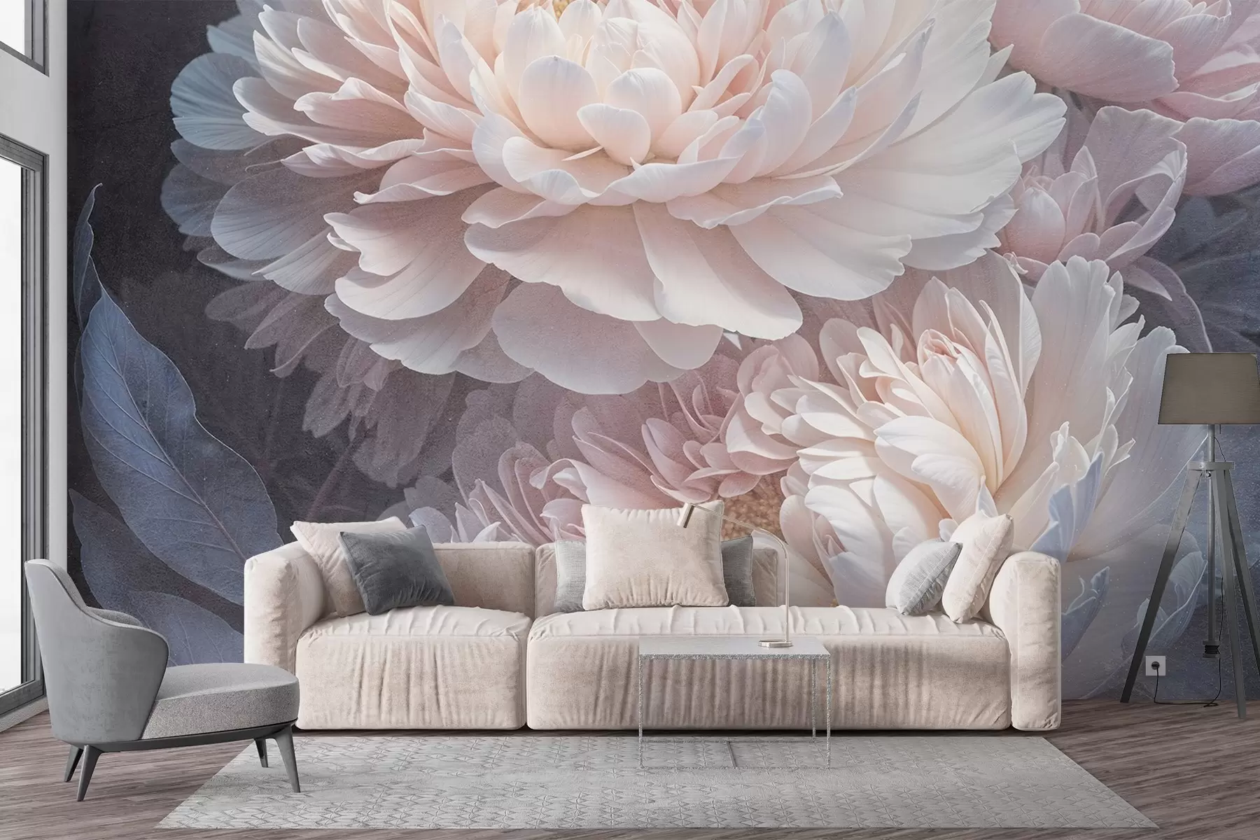 zidne murale Krupni plan dva velika, nježno ružičasta božura s mekim, pahuljastim laticama i lišćem na zamućenoj pozadini w08382