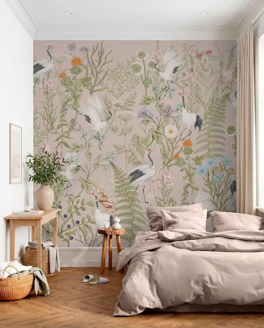 zidne murale Elegantni ždralovi među živim cvjetovima w00380