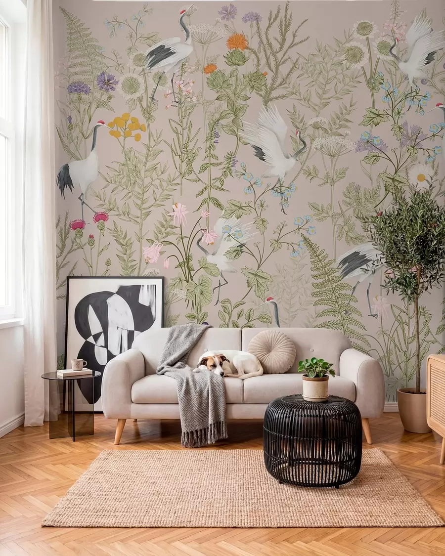 zidne murale Elegantni ždralovi među živim cvjetovima w00380