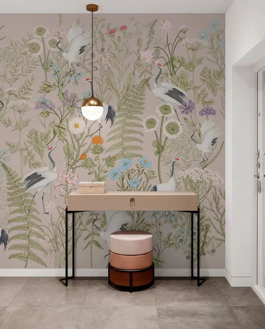 zidne murale Elegantni ždralovi među živim cvjetovima w00380