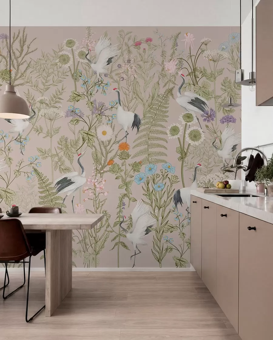 zidne murale Elegantni ždralovi među živim cvjetovima w00380