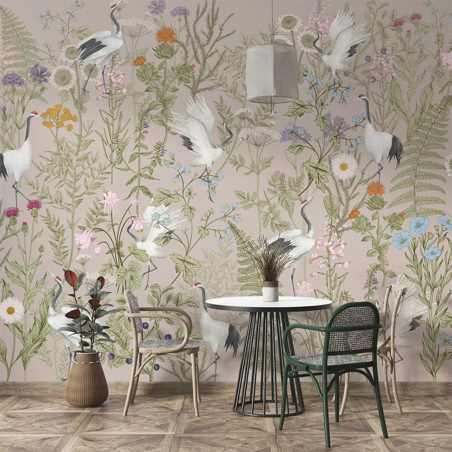 zidne murale Elegantni ždralovi među živim cvjetovima w00380