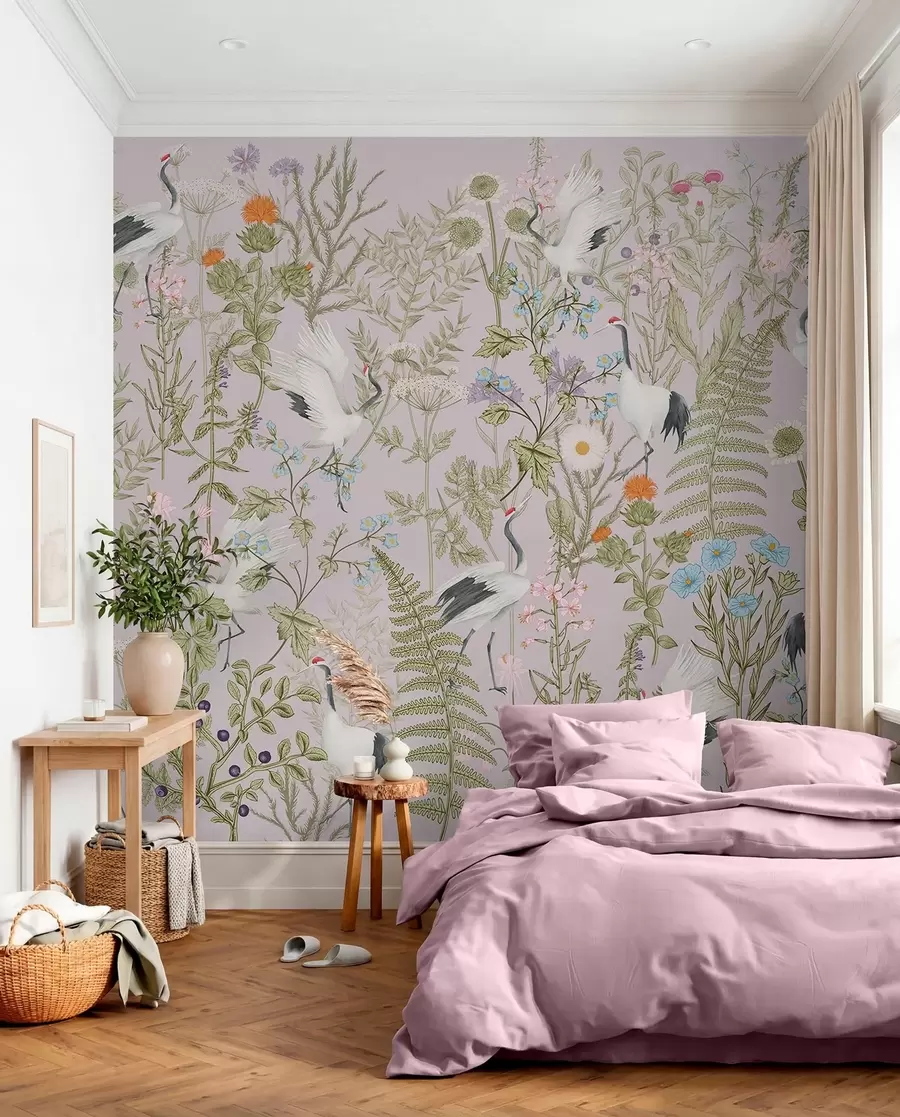 zidne murale Elegantni ždralovi usred živopisnog cvijeća w00380v3