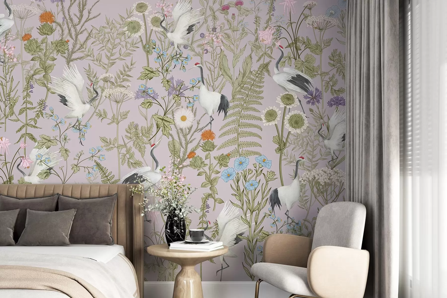 zidne murale Elegantni ždralovi usred živopisnog cvijeća w00380v3