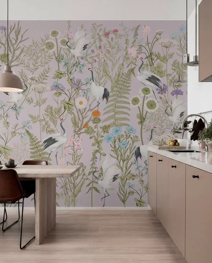 zidne murale Elegantni ždralovi usred živopisnog cvijeća w00380v3
