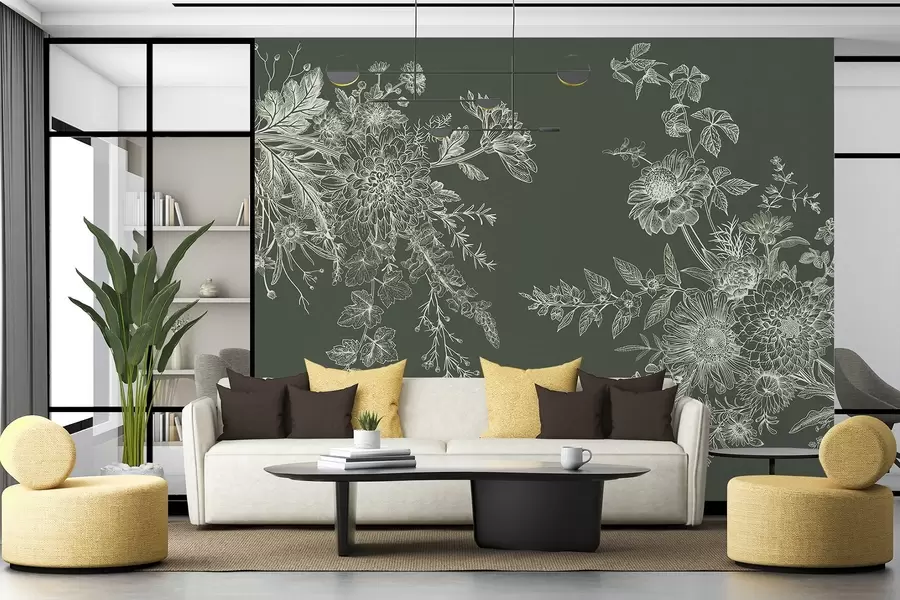 zidne murale Elegantne cvjetne skice na tamnoj pozadini w00381