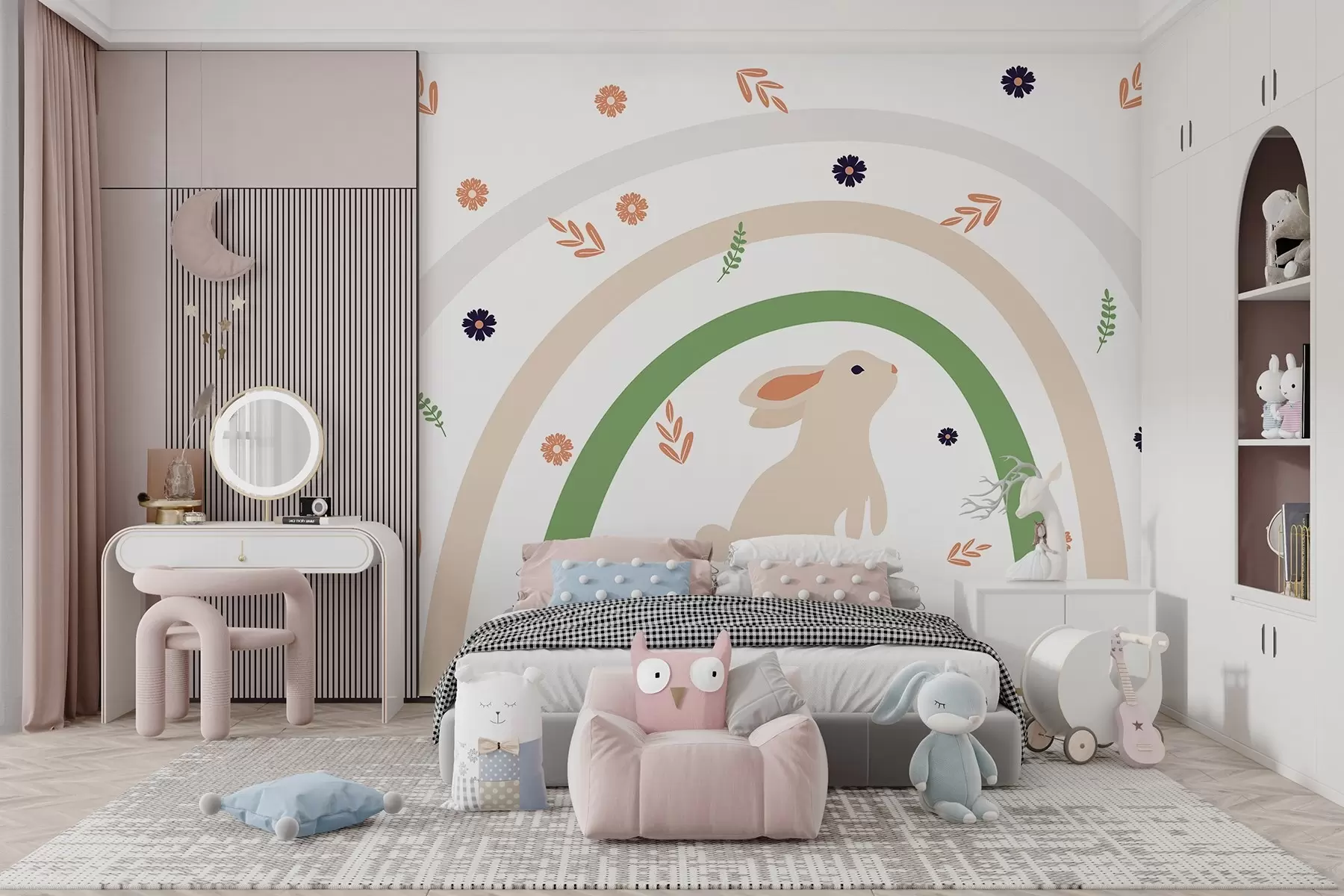 zidne murale Znatiželjni zec ispod šarenog luka w00485v1