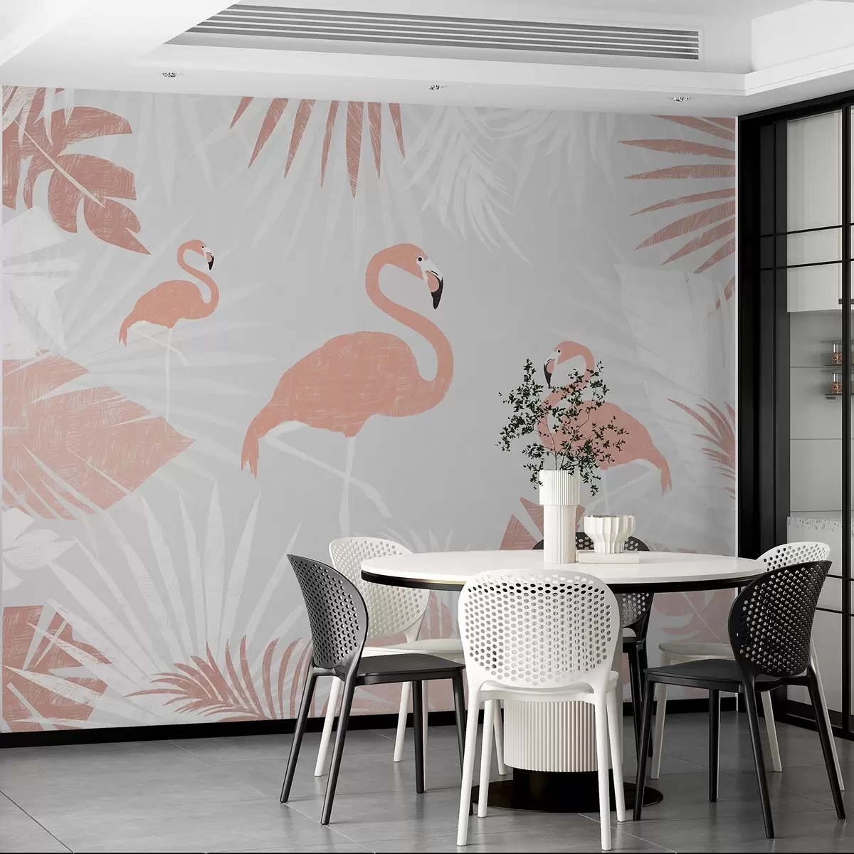 zidne murale Dizajn flamingosa među tropskim lišćem w00791