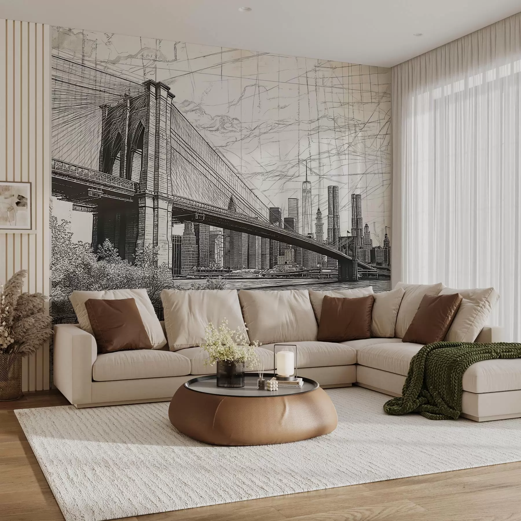 zidne murale Panorama Brooklynskog mosta izrađena u sketchy retro tehnici s linijama i ogrebotinama w01961
