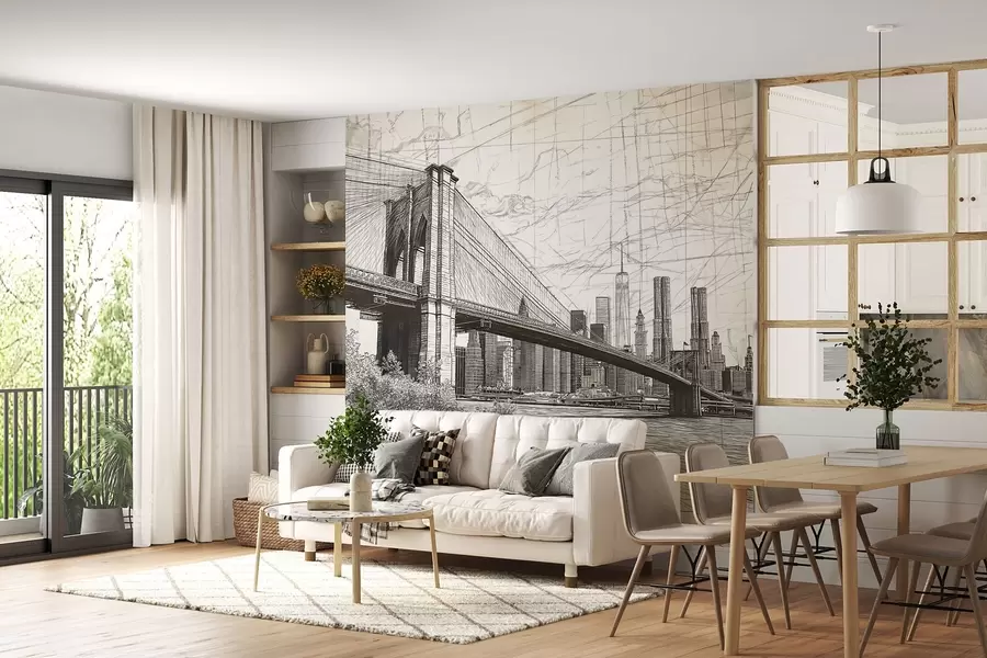 zidne murale Panorama Brooklynskog mosta izrađena u sketchy retro tehnici s linijama i ogrebotinama w01961