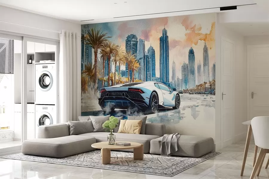 zidne murale Bijeli moderni sportski automobil juri na pozadini palmi i nebodera u tehnici slobodnog akvarela w01963
